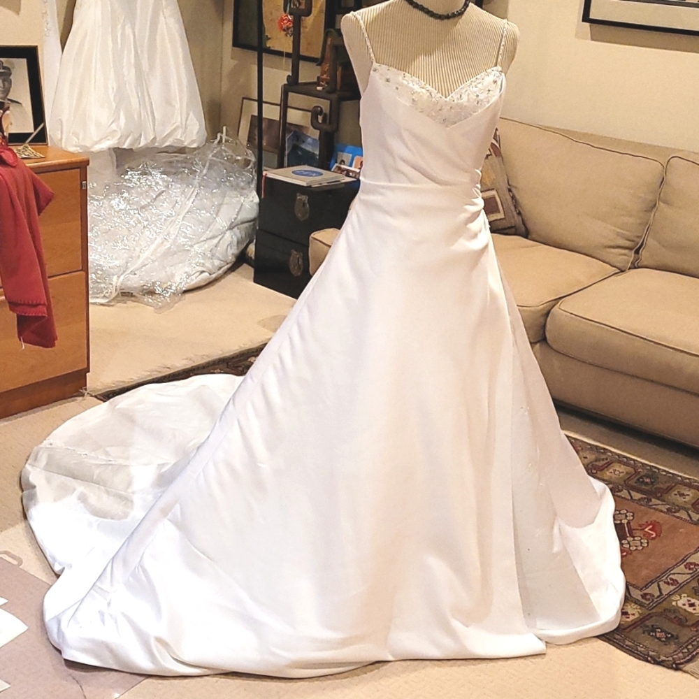 Gorgeous satin beaded straps floral embroidery chapel train bridal gown